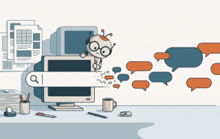 A search bar dissolving into chat speech bubbles over a desk, with printed proofs and an old monitor in the background