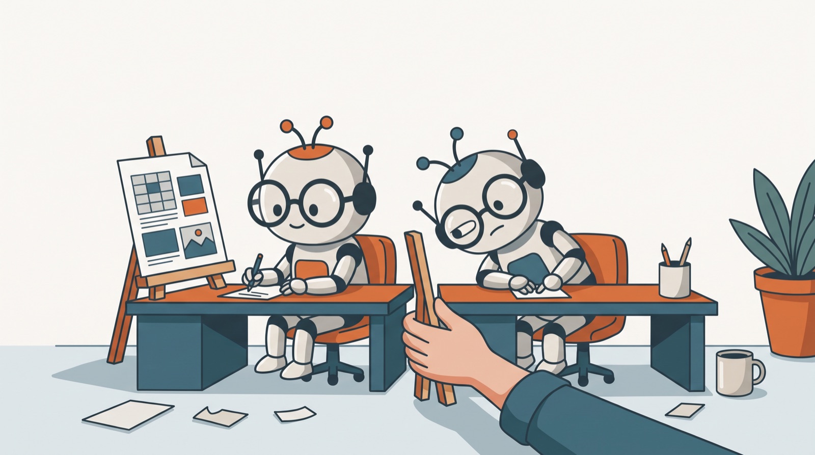 A second robot copying the first robot's notes instead of looking at the document pinned on an easel in front of them
