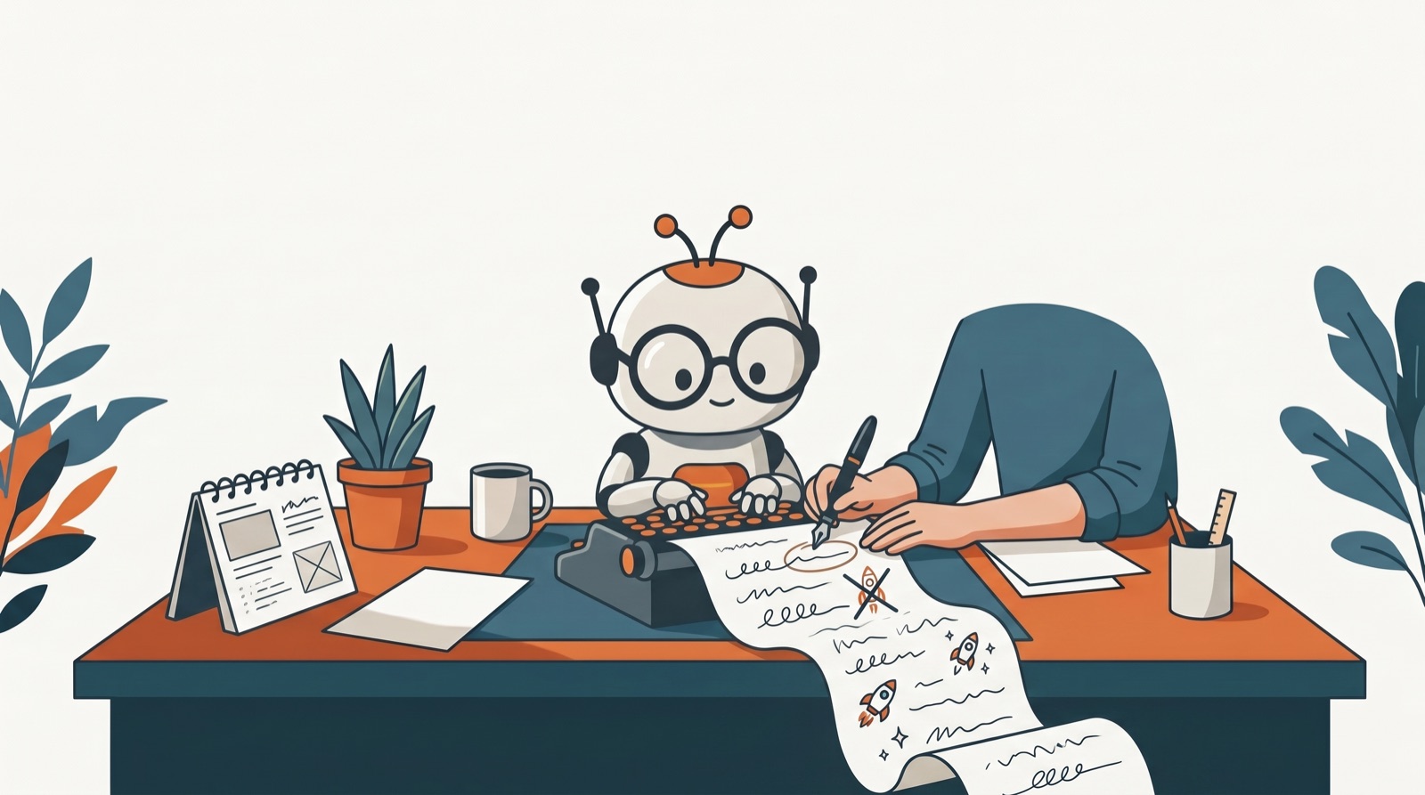 A robot typing on a typewriter while a human hand with a fountain pen edits the page and crosses out decorative rockets